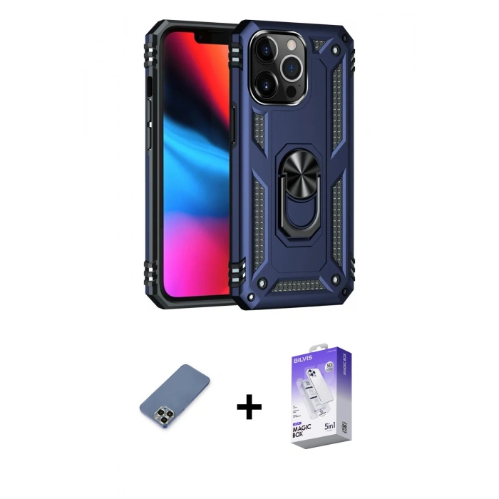 MARSİLYAN™- iPhone 13 Pro Max Kılıf Ahenk Klasik Koleksiyonu - Siyah Bilvis 5in1 3D Magic Cam Ekran Koruyucu + Açık Yeşil Metal Kamera Lens Koruma Cam