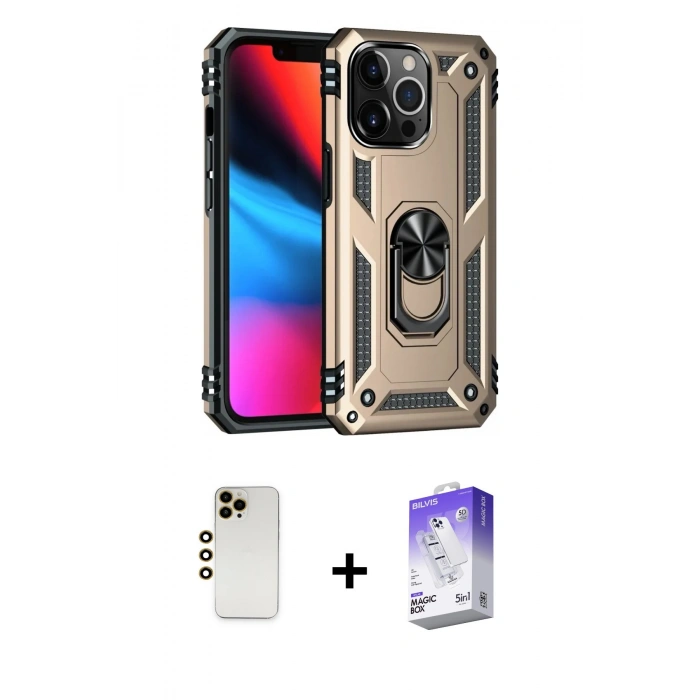 MARSİLYAN™- iPhone 13 Pro Max Kılıf Ahenk Klasik Koleksiyonu - Siyah Bilvis 5in1 3D Magic Cam Ekran Koruyucu + Shine Kamera Lens - GD