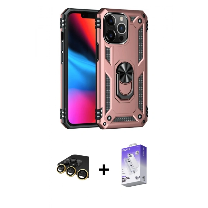 MARSİLYAN™- iPhone 13 Pro Max Kılıf Ahenk Klasik Koleksiyonu - Siyah Bilvis 5in1 3D Magic Cam Ekran Koruyucu + Raze Metal Kamera Lens - GD