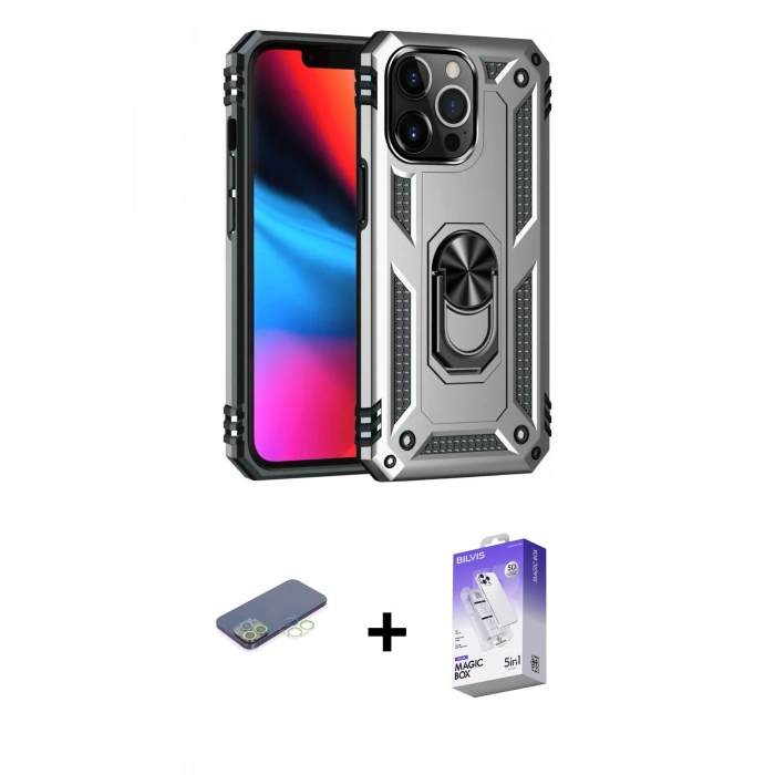 MARSİLYAN™- iPhone 13 Pro Max Kılıf Ahenk Klasik Koleksiyonu - Siyah Bilvis 5in1 3D Magic Cam Ekran Koruyucu + Renkli Kamera Lens Koruma Cam - YL