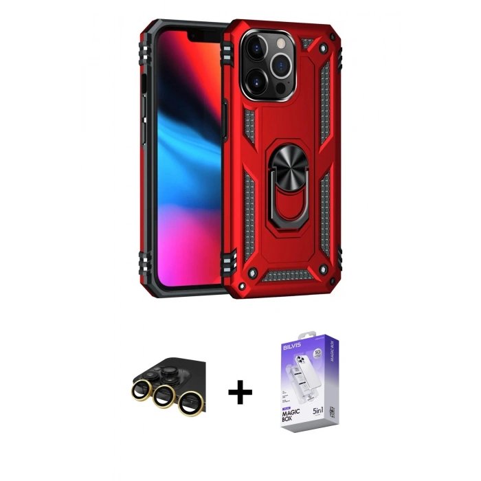 MARSİLYAN™- iPhone 13 Pro Max Kılıf Ahenk Klasik Koleksiyonu - Siyah Bilvis 5in1 3D Magic Cam Ekran Koruyucu + Raze Metal Kamera Lens - GD