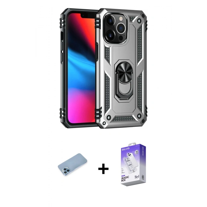 MARSİLYAN™- iPhone 13 Pro Max Kılıf Ahenk Klasik Koleksiyonu - Siyah Bilvis 5in1 3D Magic Cam Ekran Koruyucu + Shine Kamera Lens Koruma Cam - MI