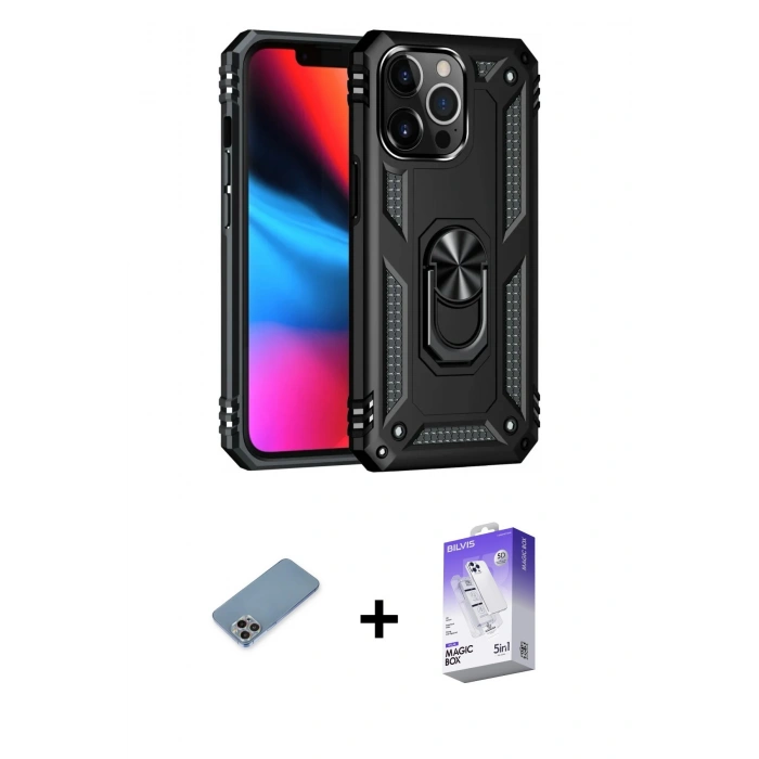 MARSİLYAN™- iPhone 13 Pro Max Kılıf Ahenk Klasik Koleksiyonu - Siyah Bilvis 5in1 3D Magic Cam Ekran Koruyucu + Shine Kamera Lens Koruma Cam - GI