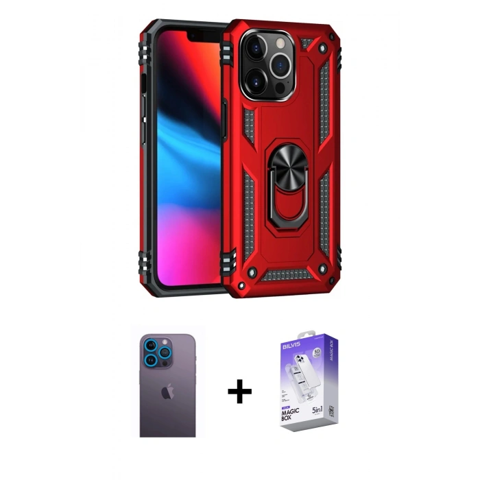MARSİLYAN™- iPhone 13 Pro Max Kılıf Ahenk Klasik Koleksiyonu - Siyah Bilvis 5in1 3D Magic Cam Ekran Koruyucu + Neon Fosforlu Kamera Lens - MI
