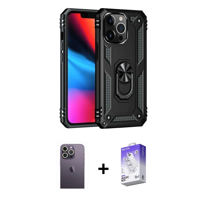 MARSİLYAN™- iPhone 13 Pro Max Kılıf Ahenk Klasik Koleksiyonu - Siyah Bilvis 5in1 3D Magic Cam Ekran Koruyucu + Neon Fosforlu Kamera Lens - BZ