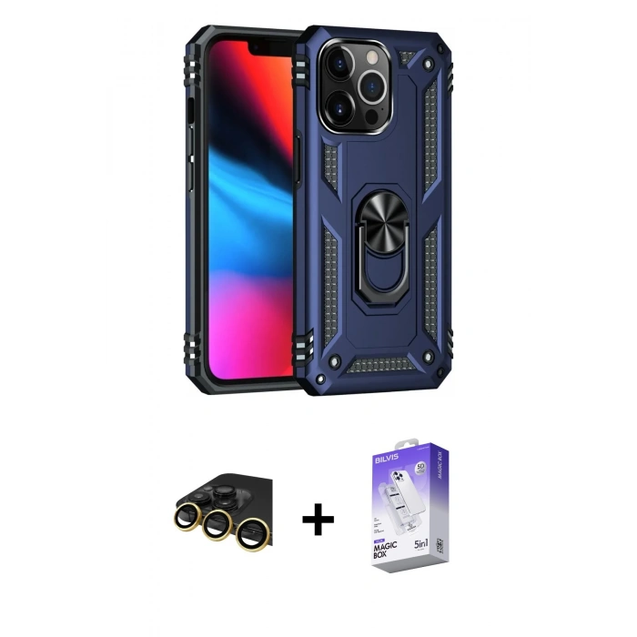 MARSİLYAN™- iPhone 13 Pro Max Kılıf Ahenk Klasik Koleksiyonu - Siyah Bilvis 5in1 3D Magic Cam Ekran Koruyucu + Raze Metal Kamera Lens - GD