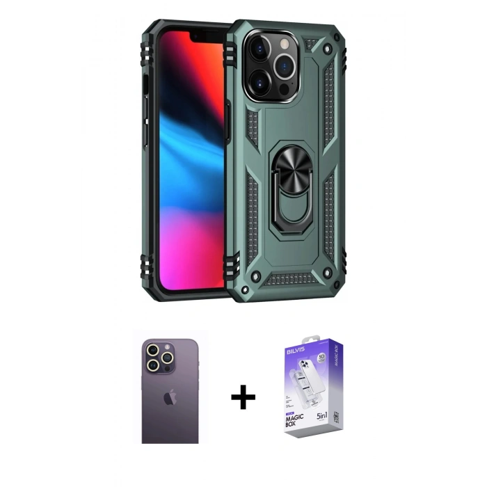 MARSİLYAN™- iPhone 13 Pro Max Kılıf Ahenk Klasik Koleksiyonu - Siyah Bilvis 5in1 3D Magic Cam Ekran Koruyucu + Neon Fosforlu Kamera Lens - BZ