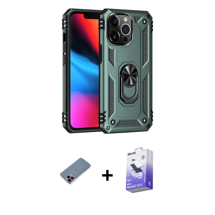 MARSİLYAN™- iPhone 13 Pro Max Kılıf Ahenk Klasik Koleksiyonu - Siyah Bilvis 5in1 5D Magic Hayalet Cam Ekran Koruyucu + Kırmızı Metal Kamera Lens Koruma Cam