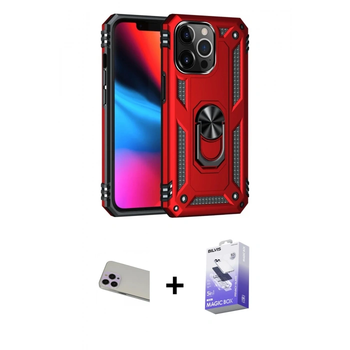 MARSİLYAN™- iPhone 13 Pro Max Kılıf Ahenk Klasik Koleksiyonu - Siyah Bilvis 5in1 5D Magic Hayalet Cam Ekran Koruyucu + Rainbow Kamera Lens Koruma Cam - MR