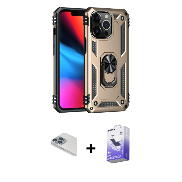 MARSİLYAN™- iPhone 13 Pro Max Kılıf Ahenk Klasik Koleksiyonu - Siyah Bilvis 5in1 5D Magic Hayalet Cam Ekran Koruyucu + Pers Alüminyum Kamera Lens - SABE