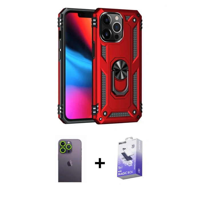 MARSİLYAN™- iPhone 13 Pro Max Kılıf Ahenk Klasik Koleksiyonu - Siyah Bilvis 5in1 5D Magic Hayalet Cam Ekran Koruyucu + Yeşil Neon Fosforlu Kamera Lens