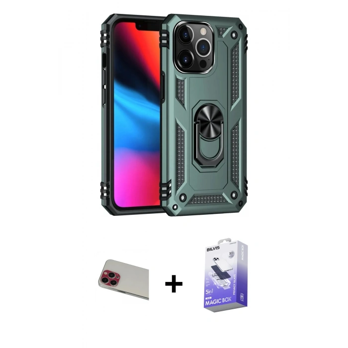 MARSİLYAN™- iPhone 13 Pro Max Kılıf Ahenk Klasik Koleksiyonu - Siyah Bilvis 5in1 5D Magic Hayalet Cam Ekran Koruyucu + Rainbow Kamera Lens Koruma Cam - KI