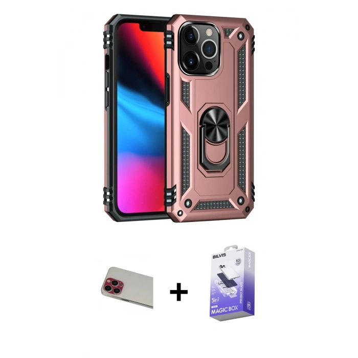 MARSİLYAN™- iPhone 13 Pro Max Kılıf Ahenk Klasik Koleksiyonu - Siyah Bilvis 5in1 5D Magic Hayalet Cam Ekran Koruyucu + Rainbow Kamera Lens Koruma Cam - KI
