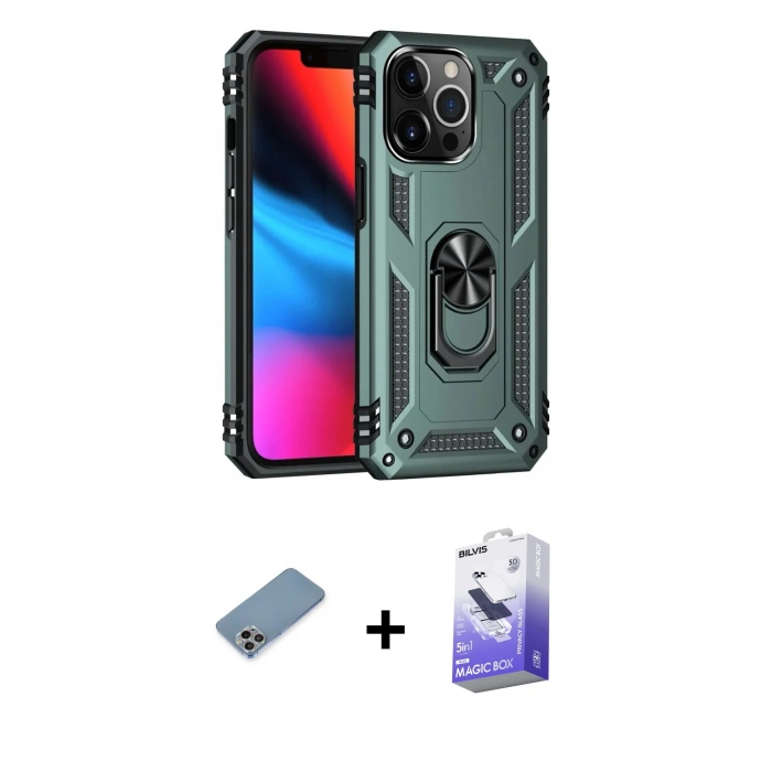 MARSİLYAN™- iPhone 13 Pro Max Kılıf Ahenk Klasik Koleksiyonu - Siyah Bilvis 5in1 5D Magic Hayalet Cam Ekran Koruyucu + Shine Kamera Lens Koruma Cam - GI