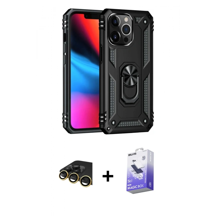 MARSİLYAN™- iPhone 13 Pro Max Kılıf Ahenk Klasik Koleksiyonu - Siyah Bilvis 5in1 5D Magic Hayalet Cam Ekran Koruyucu + Raze Metal Kamera Lens - GD