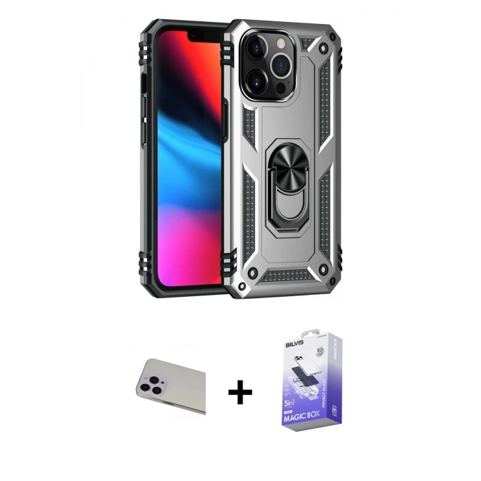 MARSİLYAN™- iPhone 13 Pro Max Kılıf Ahenk Klasik Koleksiyonu - Siyah Bilvis 5in1 5D Magic Hayalet Cam Ekran Koruyucu + Rainbow Kamera Lens Koruma Cam - MR
