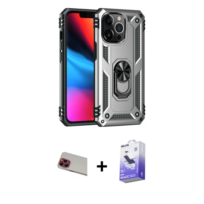MARSİLYAN™- iPhone 13 Pro Max Kılıf Ahenk Klasik Koleksiyonu - Siyah Bilvis 5in1 5D Magic Hayalet Cam Ekran Koruyucu + Rainbow Kamera Lens Koruma Cam - KI