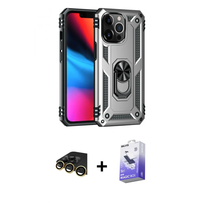 MARSİLYAN™- iPhone 13 Pro Max Kılıf Ahenk Klasik Koleksiyonu - Siyah Bilvis 5in1 5D Magic Hayalet Cam Ekran Koruyucu + Raze Metal Kamera Lens - GD