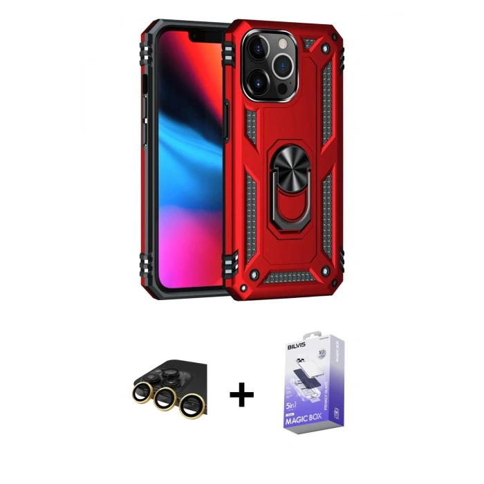 MARSİLYAN™- iPhone 13 Pro Max Kılıf Ahenk Klasik Koleksiyonu - Siyah Bilvis 5in1 5D Magic Hayalet Cam Ekran Koruyucu + Raze Metal Kamera Lens - GD