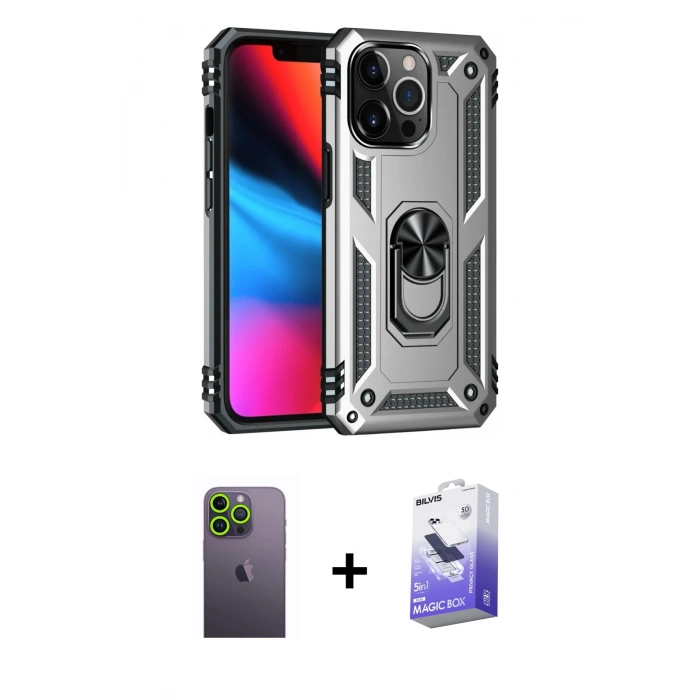 MARSİLYAN™- iPhone 13 Pro Max Kılıf Ahenk Klasik Koleksiyonu - Siyah Bilvis 5in1 5D Magic Hayalet Cam Ekran Koruyucu + Yeşil Neon Fosforlu Kamera Lens