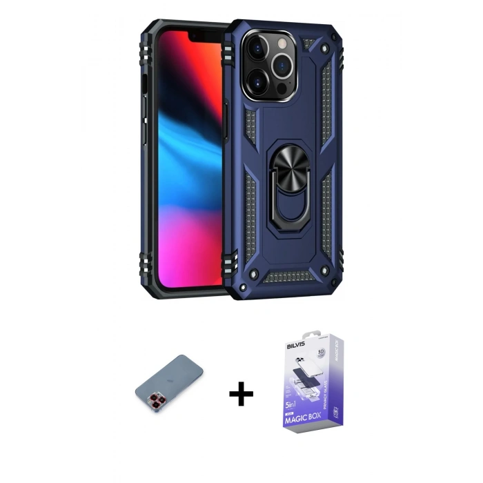 MARSİLYAN™- iPhone 13 Pro Max Kılıf Ahenk Klasik Koleksiyonu - Siyah Bilvis 5in1 5D Magic Hayalet Cam Ekran Koruyucu + Kırmızı Metal Kamera Lens Koruma Cam