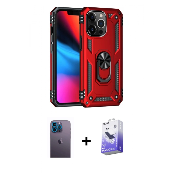 MARSİLYAN™- iPhone 13 Pro Max Kılıf Ahenk Klasik Koleksiyonu - Siyah Bilvis 5in1 5D Magic Hayalet Cam Ekran Koruyucu + Neon Fosforlu Kamera Lens - MI