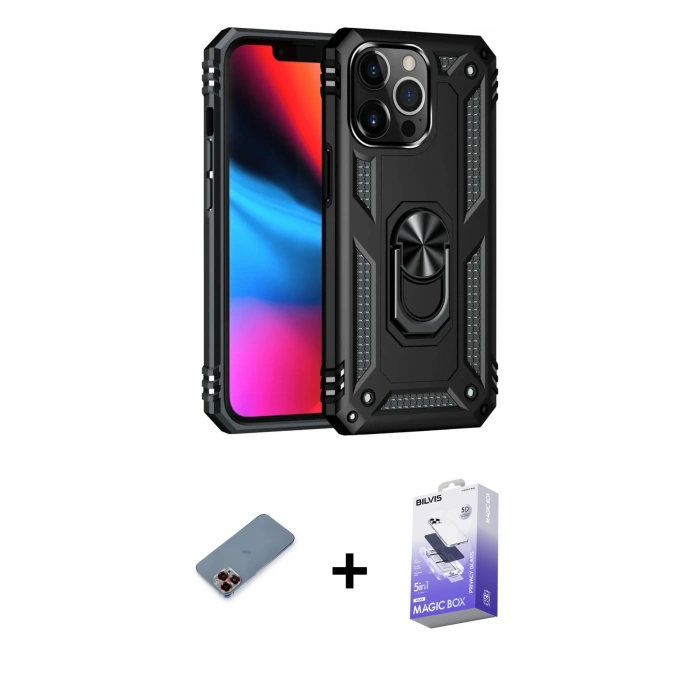 MARSİLYAN™- iPhone 13 Pro Max Kılıf Ahenk Klasik Koleksiyonu - Siyah Bilvis 5in1 5D Magic Hayalet Cam Ekran Koruyucu + Kırmızı Metal Kamera Lens Koruma Cam