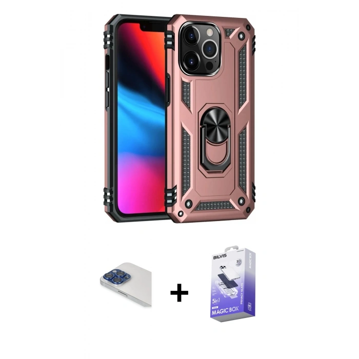 MARSİLYAN™- iPhone 13 Pro Max Kılıf Ahenk Klasik Koleksiyonu - Siyah Bilvis 5in1 5D Magic Hayalet Cam Ekran Koruyucu + Lacivert Pers Alüminyum Kamera Lens