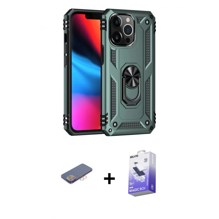 MARSİLYAN™- iPhone 13 Pro Max Kılıf Ahenk Klasik Koleksiyonu - Siyah Bilvis 5in1 5D Magic Hayalet Cam Ekran Koruyucu + Pembe Renkli Kamera Lens Koruma Cam