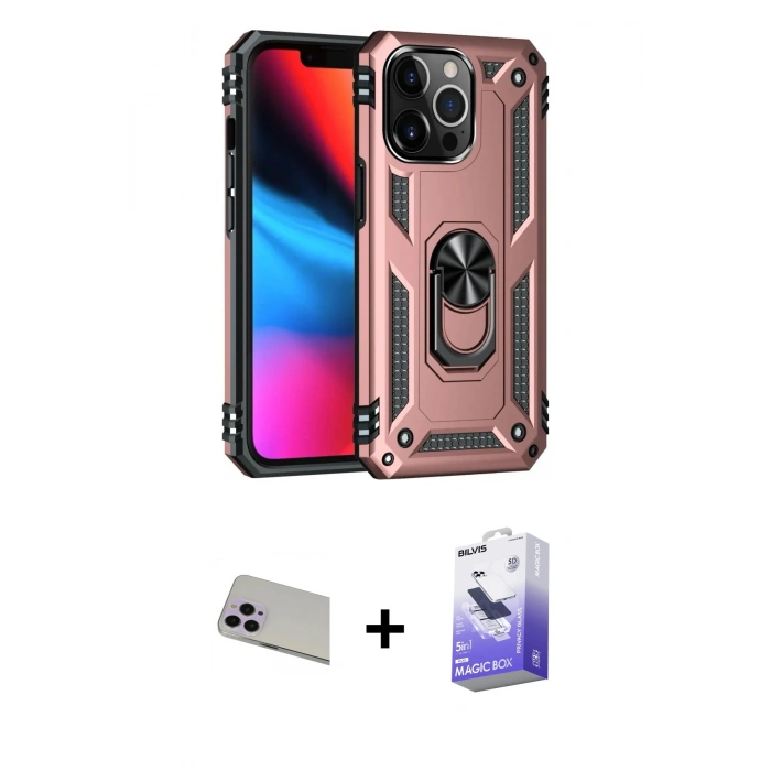 MARSİLYAN™- iPhone 13 Pro Max Kılıf Ahenk Klasik Koleksiyonu - Siyah Bilvis 5in1 5D Magic Hayalet Cam Ekran Koruyucu + Rainbow Kamera Lens Koruma Cam - MR