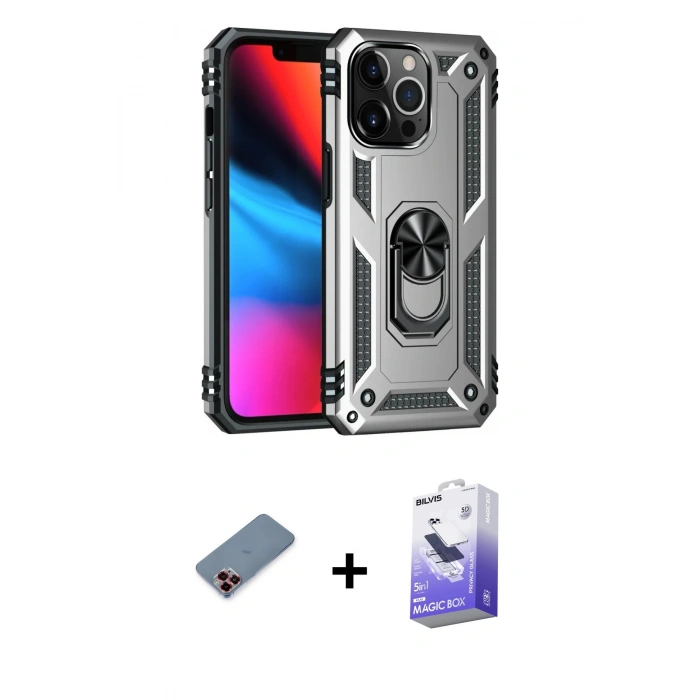 MARSİLYAN™- iPhone 13 Pro Max Kılıf Ahenk Klasik Koleksiyonu - Siyah Bilvis 5in1 5D Magic Hayalet Cam Ekran Koruyucu + Kırmızı Metal Kamera Lens Koruma Cam