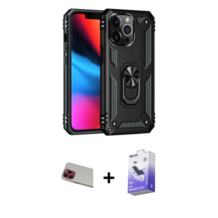 MARSİLYAN™- iPhone 13 Pro Max Kılıf Ahenk Klasik Koleksiyonu - Siyah Bilvis 5in1 5D Magic Hayalet Cam Ekran Koruyucu + Rainbow Kamera Lens Koruma Cam - KI