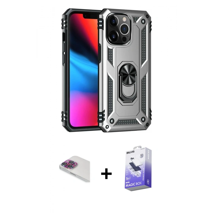 MARSİLYAN™- iPhone 13 Pro Max Kılıf Ahenk Klasik Koleksiyonu - Siyah Bilvis 5in1 5D Magic Hayalet Cam Ekran Koruyucu + Pers Alüminyum Kamera Lens - GI