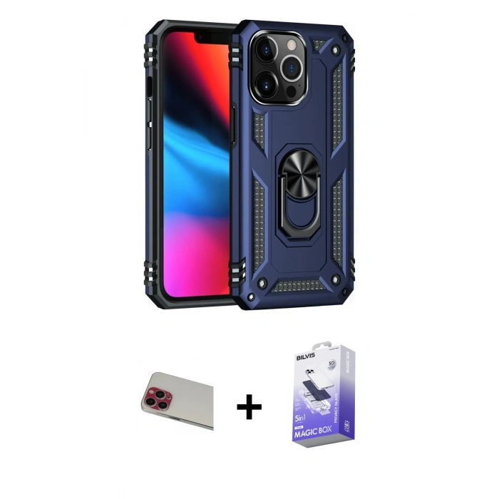 MARSİLYAN™- iPhone 13 Pro Max Kılıf Ahenk Klasik Koleksiyonu - Siyah Bilvis 5in1 5D Magic Hayalet Cam Ekran Koruyucu + Rainbow Kamera Lens Koruma Cam - KI