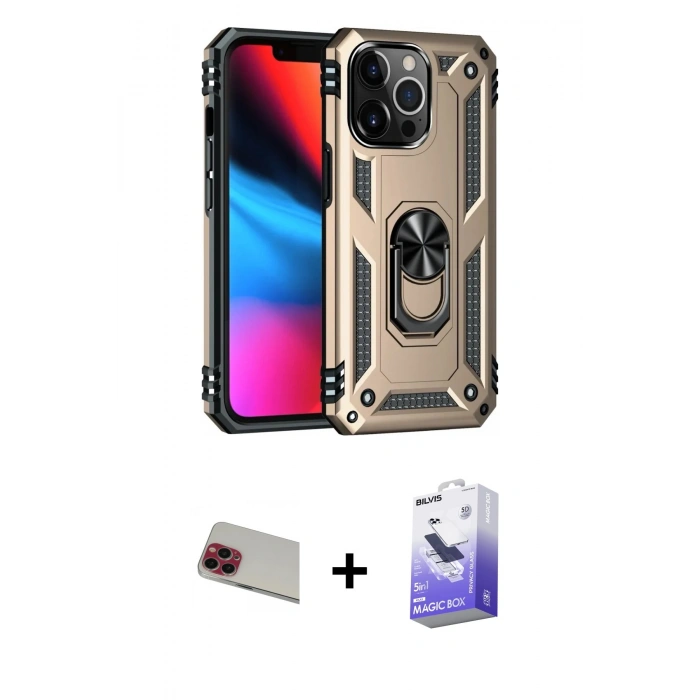 MARSİLYAN™- iPhone 13 Pro Max Kılıf Ahenk Klasik Koleksiyonu - Siyah Bilvis 5in1 5D Magic Hayalet Cam Ekran Koruyucu + Rainbow Kamera Lens Koruma Cam - KI