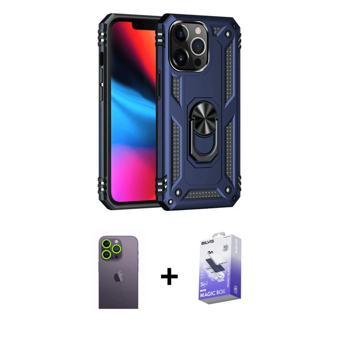 MARSİLYAN™- iPhone 13 Pro Max Kılıf Ahenk Klasik Koleksiyonu - Siyah Bilvis 5in1 5D Magic Hayalet Cam Ekran Koruyucu + Yeşil Neon Fosforlu Kamera Lens