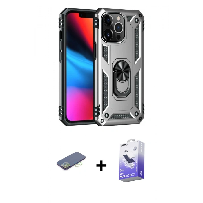 MARSİLYAN™- iPhone 13 Pro Max Kılıf Ahenk Klasik Koleksiyonu - Siyah Bilvis 5in1 5D Magic Hayalet Cam Ekran Koruyucu + Renkli Kamera Lens Koruma Cam - YL