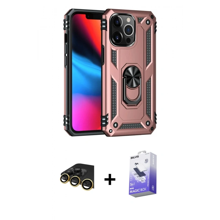MARSİLYAN™- iPhone 13 Pro Max Kılıf Ahenk Klasik Koleksiyonu - Siyah Bilvis 5in1 5D Magic Hayalet Cam Ekran Koruyucu + Raze Metal Kamera Lens - GD