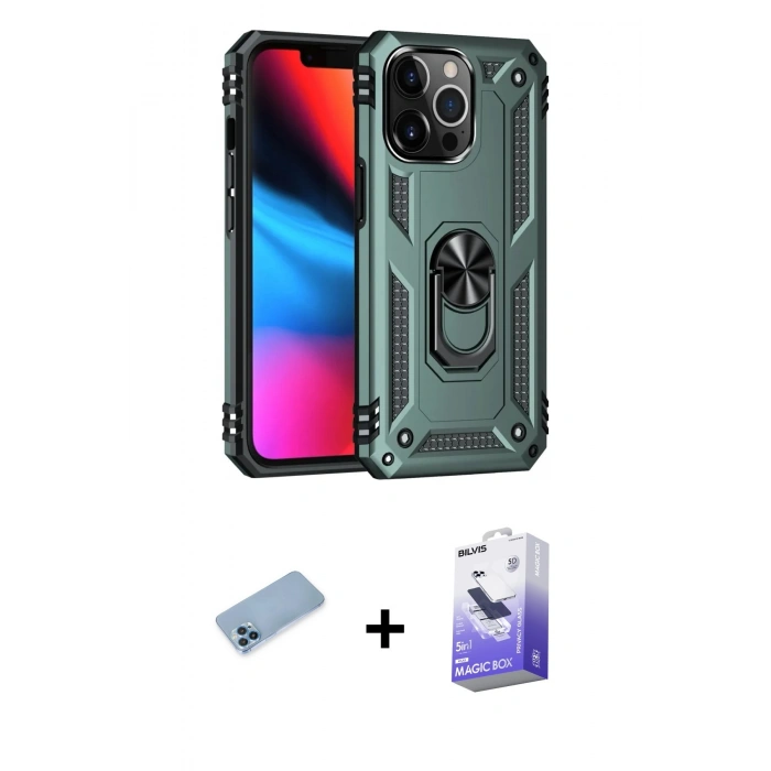MARSİLYAN™- iPhone 13 Pro Max Kılıf Ahenk Klasik Koleksiyonu - Siyah Bilvis 5in1 5D Magic Hayalet Cam Ekran Koruyucu + Shine Kamera Lens Koruma Cam - MI