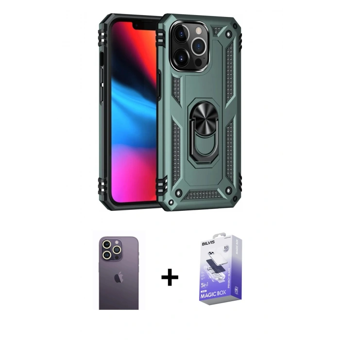 MARSİLYAN™- iPhone 13 Pro Max Kılıf Ahenk Klasik Koleksiyonu - Siyah Bilvis 5in1 5D Magic Hayalet Cam Ekran Koruyucu + Neon Fosforlu Kamera Lens - BZ