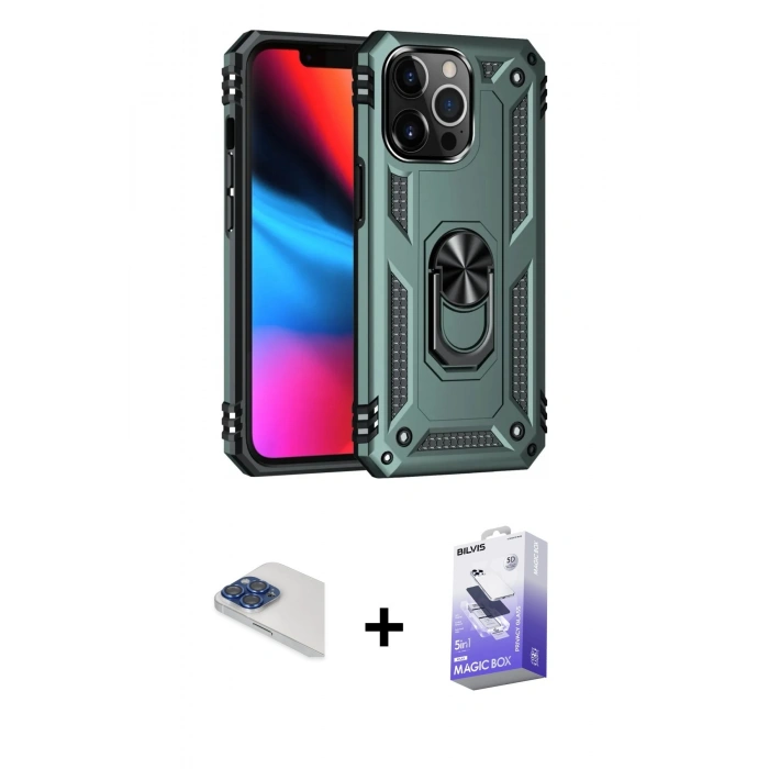 MARSİLYAN™- iPhone 13 Pro Max Kılıf Ahenk Klasik Koleksiyonu - Siyah Bilvis 5in1 5D Magic Hayalet Cam Ekran Koruyucu + Lacivert Pers Alüminyum Kamera Lens