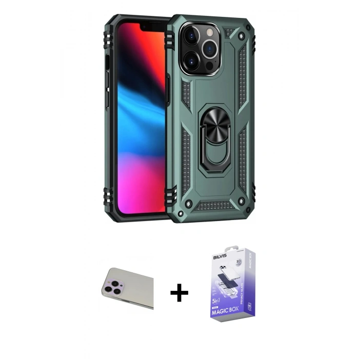 MARSİLYAN™- iPhone 13 Pro Max Kılıf Ahenk Klasik Koleksiyonu - Siyah Bilvis 5in1 5D Magic Hayalet Cam Ekran Koruyucu + Rainbow Kamera Lens Koruma Cam - MR