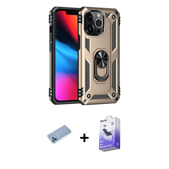 MARSİLYAN™- iPhone 13 Pro Max Kılıf Ahenk Klasik Koleksiyonu - Siyah Bilvis 5in1 5D Magic Hayalet Cam Ekran Koruyucu + Shine Kamera Lens Koruma Cam - MI