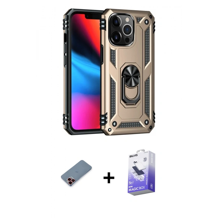 MARSİLYAN™- iPhone 13 Pro Max Kılıf Ahenk Klasik Koleksiyonu - Siyah Bilvis 5in1 5D Magic Hayalet Cam Ekran Koruyucu + Kırmızı Metal Kamera Lens Koruma Cam