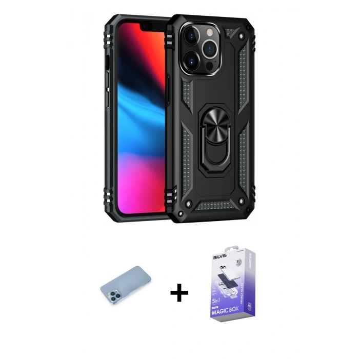 MARSİLYAN™- iPhone 13 Pro Max Kılıf Ahenk Klasik Koleksiyonu - Siyah Bilvis 5in1 5D Magic Hayalet Cam Ekran Koruyucu + Shine Kamera Lens Koruma Cam - MI