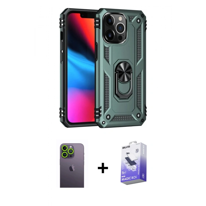 MARSİLYAN™- iPhone 13 Pro Max Kılıf Ahenk Klasik Koleksiyonu - Siyah Bilvis 5in1 5D Magic Hayalet Cam Ekran Koruyucu + Yeşil Neon Fosforlu Kamera Lens