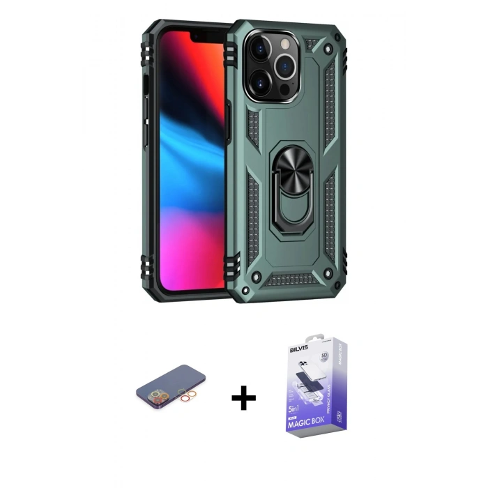 MARSİLYAN™- iPhone 13 Pro Max Kılıf Ahenk Klasik Koleksiyonu - Siyah Bilvis 5in1 5D Magic Hayalet Cam Ekran Koruyucu + Renkli Kamera Lens Koruma Cam - TU