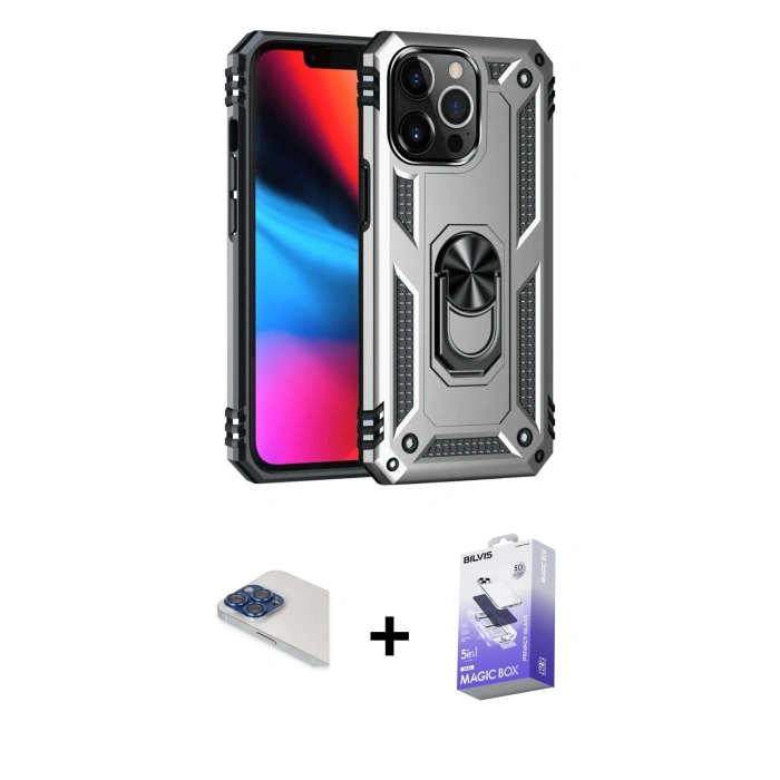 MARSİLYAN™- iPhone 13 Pro Max Kılıf Ahenk Klasik Koleksiyonu - Siyah Bilvis 5in1 5D Magic Hayalet Cam Ekran Koruyucu + Lacivert Pers Alüminyum Kamera Lens