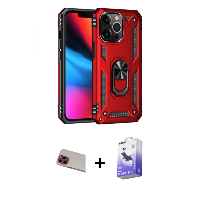 MARSİLYAN™- iPhone 13 Pro Max Kılıf Ahenk Klasik Koleksiyonu - Siyah Bilvis 5in1 5D Magic Hayalet Cam Ekran Koruyucu + Rainbow Kamera Lens Koruma Cam - KI
