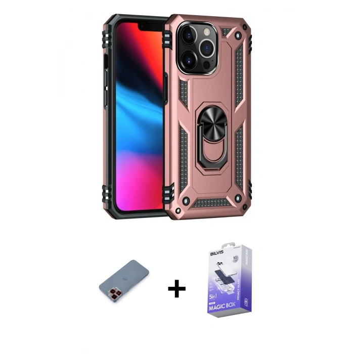 MARSİLYAN™- iPhone 13 Pro Max Kılıf Ahenk Klasik Koleksiyonu - Siyah Bilvis 5in1 5D Magic Hayalet Cam Ekran Koruyucu + Kırmızı Metal Kamera Lens Koruma Cam